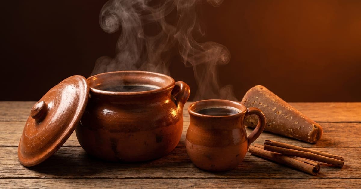 Café de olla humeante en una olla de barro con rajas de canela y un cono de piloncillo, sobre fondo café oscuro con luz cálida