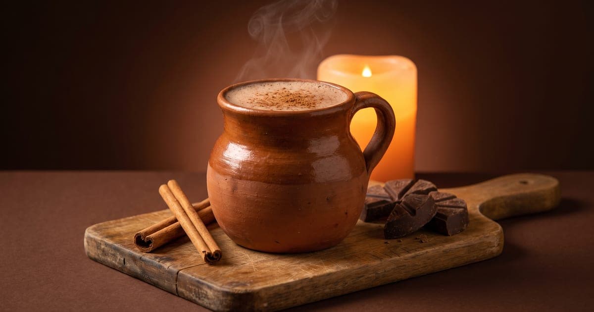 Champurrado espeso y humeante en un jarro de barro, con rajas de canela y trozos de chocolate de mesa, sobre fondo café oscuro con luz cálida.