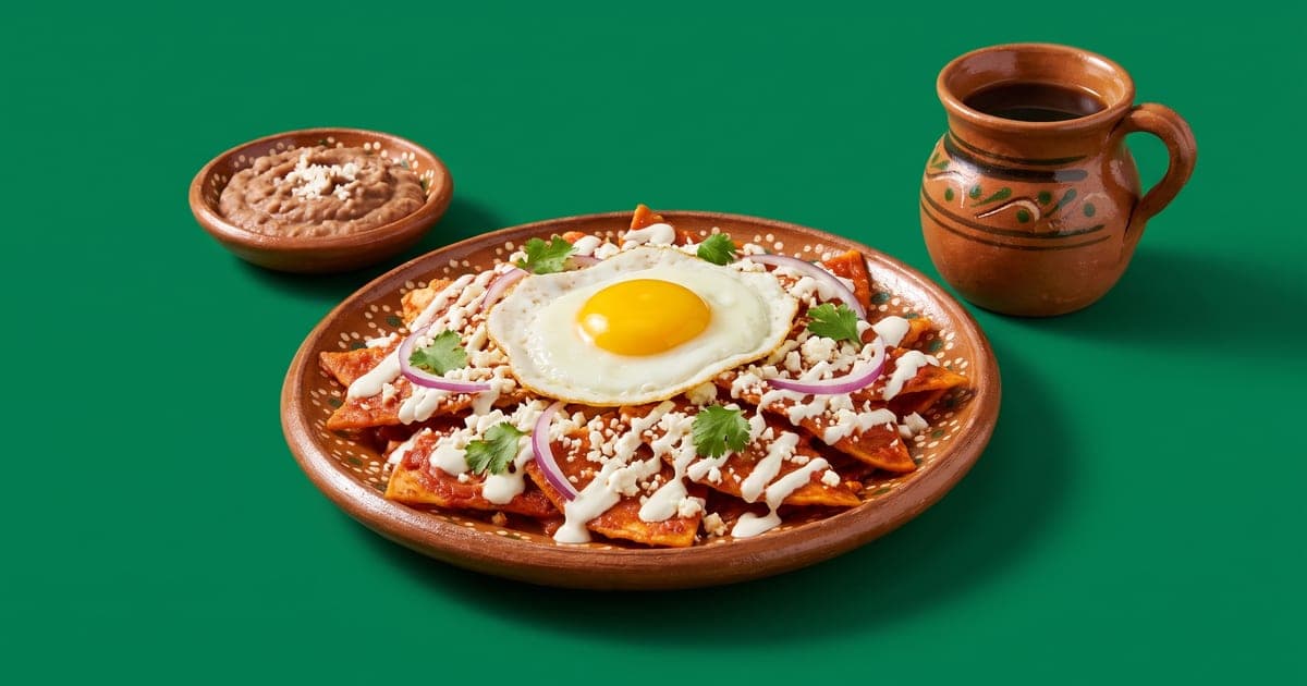 Plato de chilaquiles rojos con huevo estrellado, crema, queso fresco desmoronado, cebolla morada y cilantro, con frijoles refritos al lado y una taza de barro con café, sobre fondo verde liso.