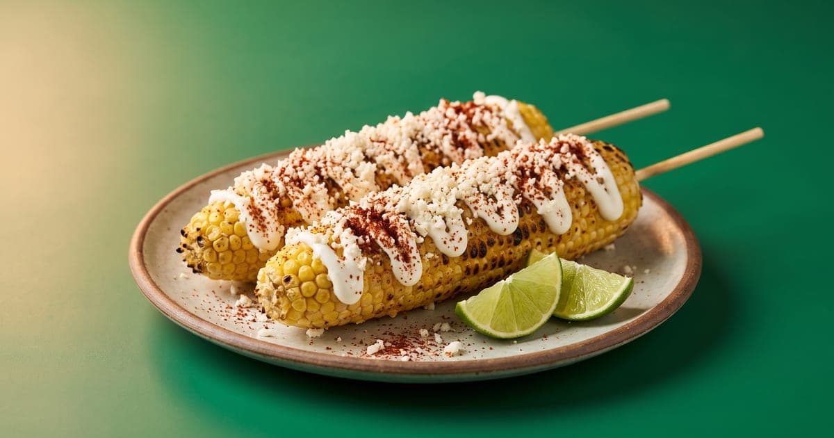 Dos elotes asados con mayonesa, queso, chile en polvo y gajos de limón, en un plato sobre fondo verde.