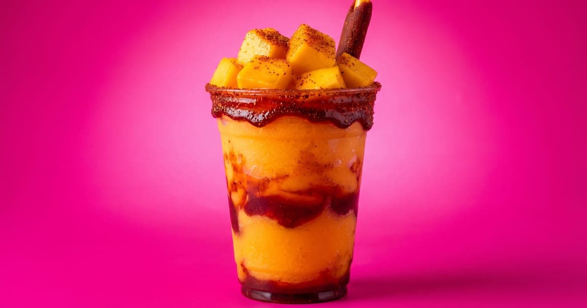Mangonada en vaso escarchado con chamoy y chile en polvo, con trozos de mango y una banderilla de tamarindo, sobre fondo rosa mexicano.