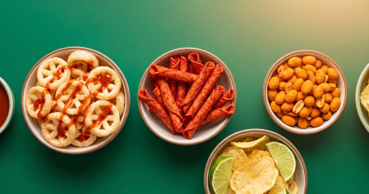 Tazones con botanas mexicanas: rollitos de tortilla enchilados, chicharrones de harina con salsa, cacahuates japoneses y papas con limón, sobre fondo verde.
