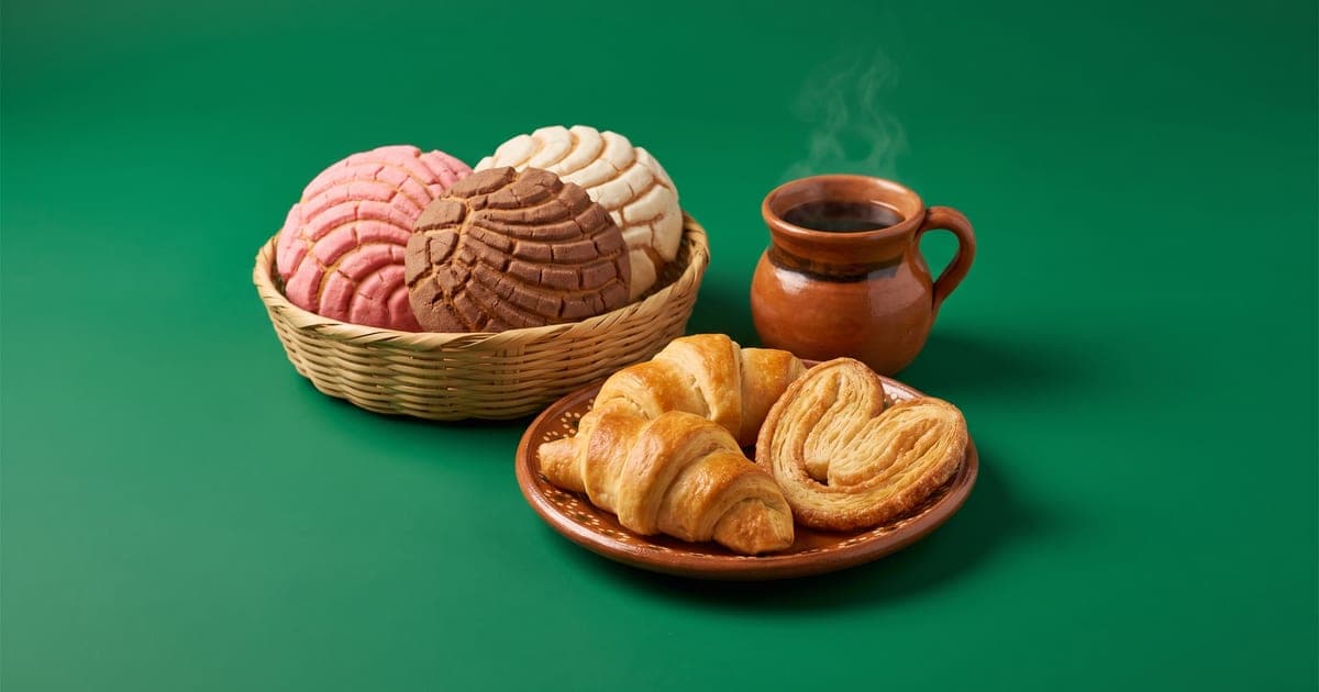 Canasta y plato con conchas rosas, blancas y de chocolate, un cuerno dorado, una oreja hojaldrada y una taza de café sobre fondo verde.