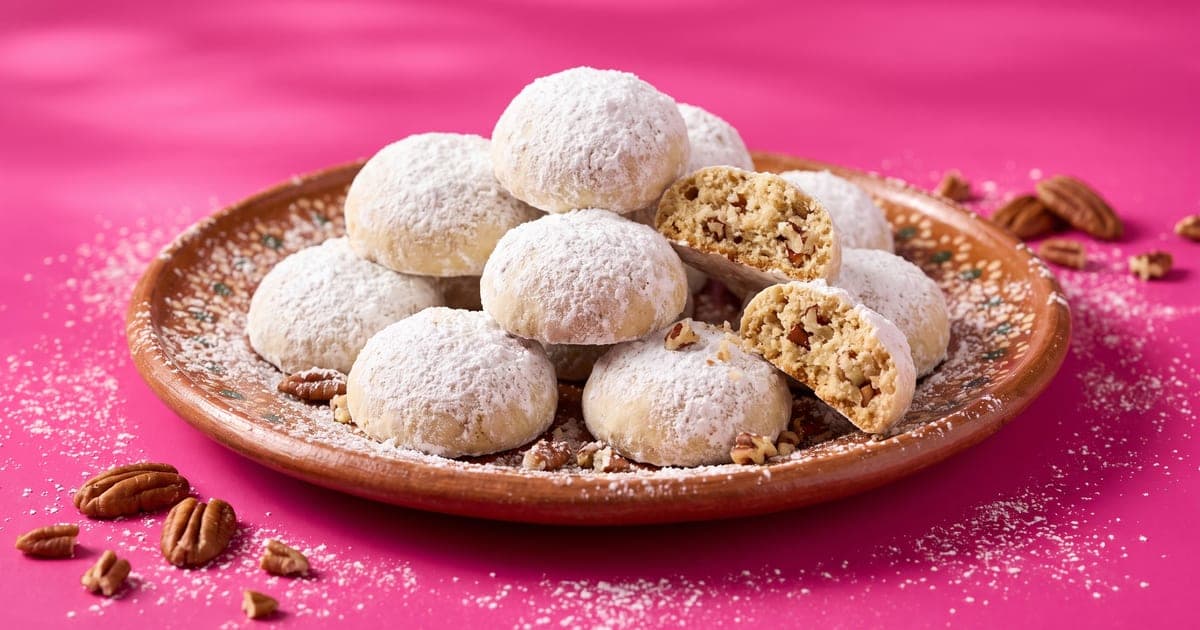 Polvorones cubiertos de azúcar glass sobre un plato de barro, con nueces alrededor, sobre fondo rosa