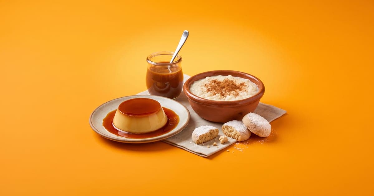 Un flan brillante bañado en caramelo, un tazón de barro con arroz con leche y canela, un frasquito de cajeta con cuchara y unos polvorones, sobre fondo naranja mango liso.