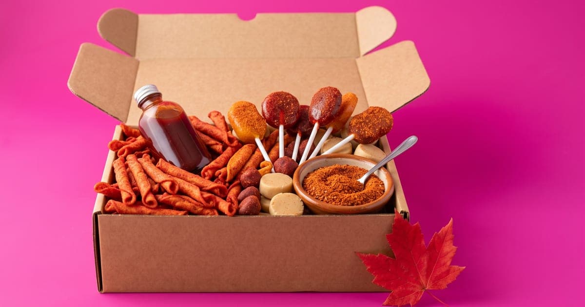 Caja de cartón abierta con botanas y dulces mexicanos variados (rollitos de tortilla enchilados, chamoy, chile en polvo, paletas y mazapanes) y una hoja de maple roja al lado, sobre fondo rosa mexicano