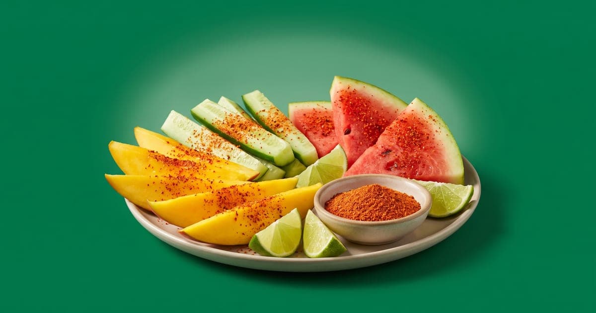 Tiras de mango, bastones de pepino y gajos de sandía espolvoreados con chile en polvo rojo, con gajos de limón y un tazoncito de polvo rojo anaranjado, sobre fondo verde liso.
