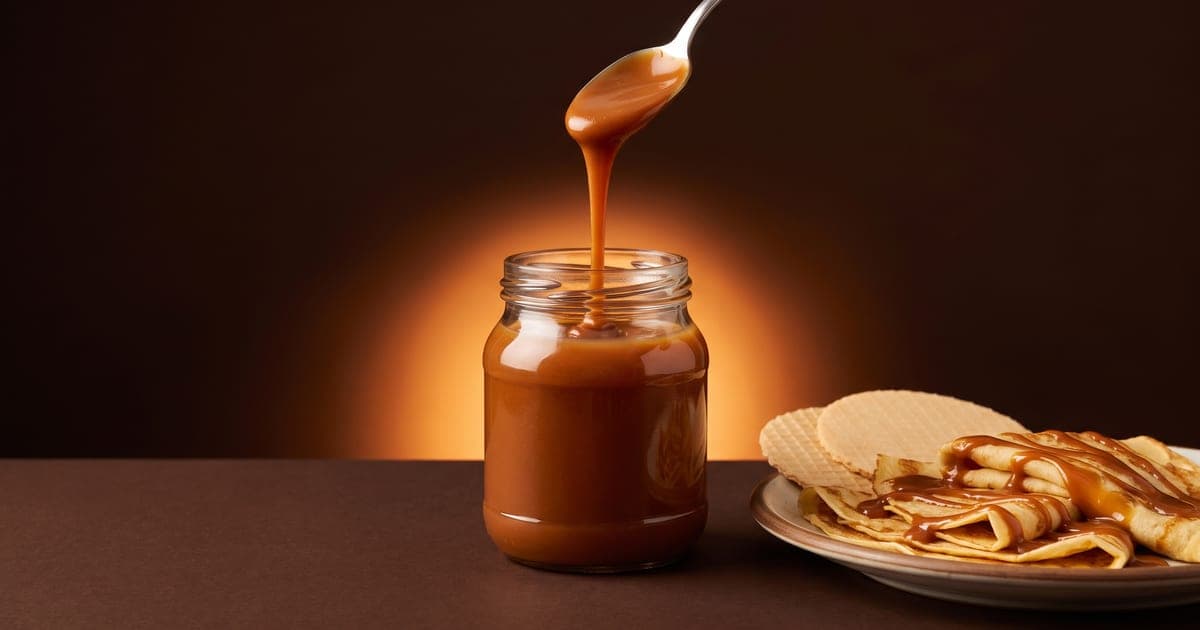 Un frasco de vidrio abierto con cajeta espesa color ámbar, una cuchara levantando un hilo de cajeta, crepas dobladas bañadas en cajeta y dos obleas redondas, sobre fondo café chocolate oscuro con brillo naranja.