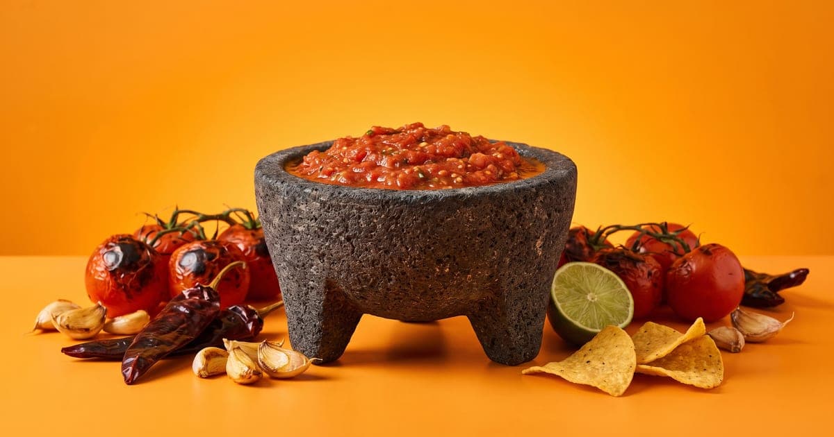 Molcajete de piedra volcánica lleno de salsa roja martajada, con jitomates asados, chiles rojos secos tostados, ajos asados, medio limón y unos totopos, sobre fondo naranja mango liso.