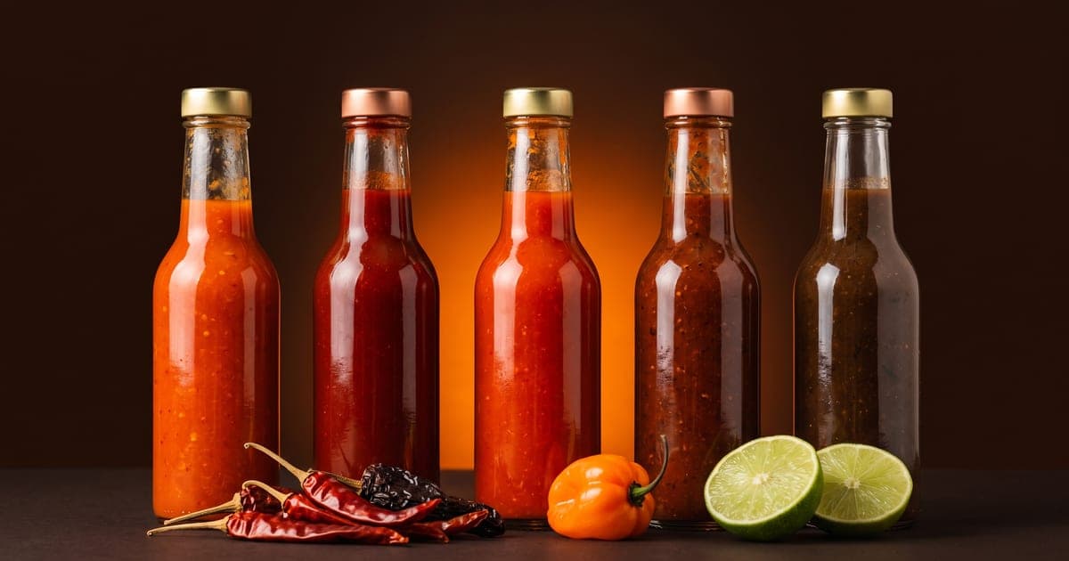 Fila de cinco botellas de vidrio sin etiqueta con salsas rojas, naranjas y café oscuro, con chiles secos rojos, un chile habanero y mitades de limón al frente, sobre fondo café chocolate oscuro con brillo naranja.