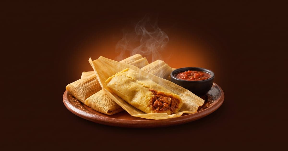 Tamales envueltos en hoja de maíz humeando en un plato, uno abierto con masa amarilla y relleno de puerco en chile rojo, junto a un tazoncito de salsa, sobre fondo café chocolate oscuro con brillo naranja.