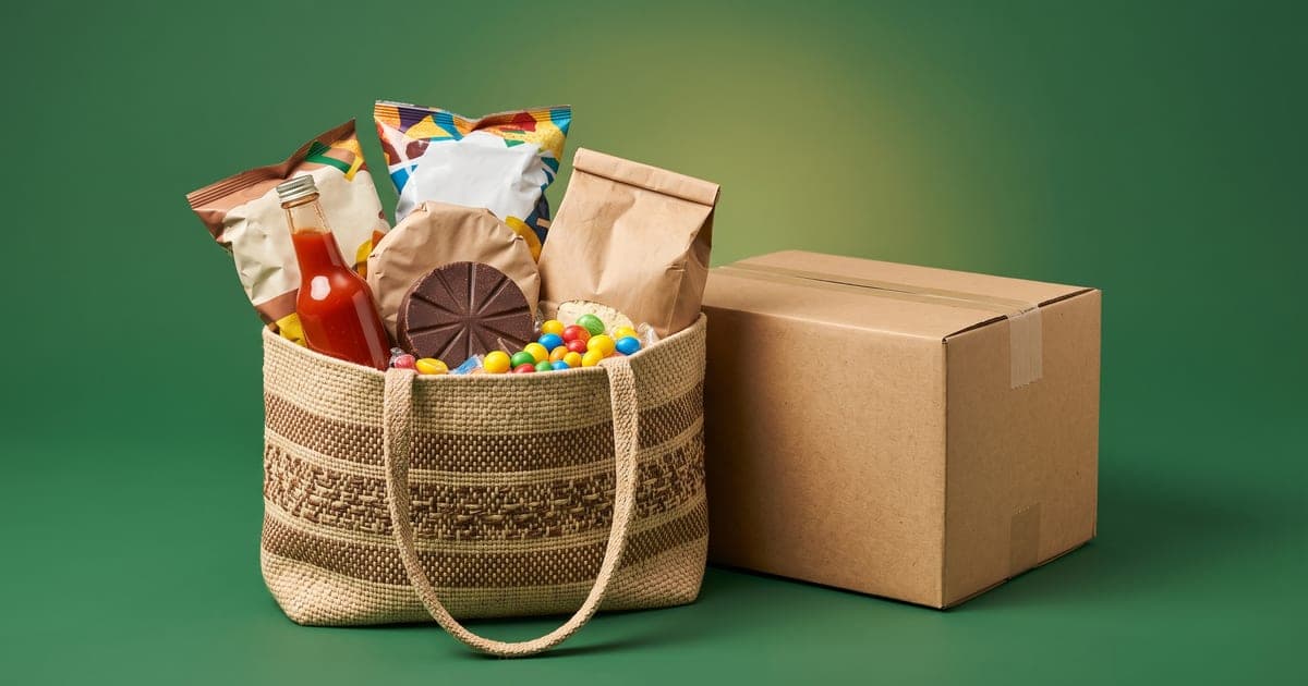 Bolsa de mandado con productos mexicanos variados (botanas, dulces, salsas, chocolate de mesa y harina de maíz) junto a una caja de envío, sobre fondo verde